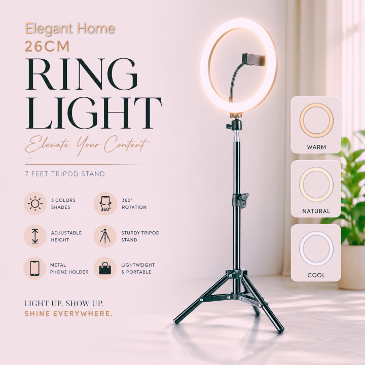 26cm LED Ring Light with Phone Holder & Tripod Stand | Dimmable Studio Light for TikTok & Vlogging